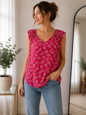 LOFT Petites Floral Flutter Sleeve Blouse Pink V-Neck Women’s XSP